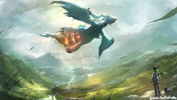 1boy bo_(bouillustration) cloud cloudy_sky day falling_leaves floating_hair gen_5_pokemon grass green_hair hat leaf legendary_pokemon long_hair male_focus mixed-language_commentary n_(pokemon) nintendo outdoors pants pokemon pokemon_(creature) pokemon_bw reshiram shirt sky standing twitter_username zorua