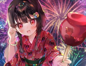 1girl :d aerial_fireworks alternate_costume alternate_hairstyle backlighting blunt_bangs blunt_ends blurry blurry_background blush bracelet braid candy_apple commentary dating eyes_visible_through_hair festival fireworks floral_print floral_print_kimono food green_nails green_sash hand_fan hands_up happy highres holding holding_candy_apple holding_fan holding_food japanese_clothes jewelry kimono kono_subarashii_sekai_ni_shukufuku_wo! long_sleeves looking_at_viewer megumin multiple_bracelets nail_polish night no_headwear open_mouth outdoors pov print_kimono red_eyes red_kimono reflection sash satou_kazuma short_hair_with_long_locks side_braid single_braid smile solo third-party_edit upper_body wide_sleeves yukata yuno_(suke_yuno)