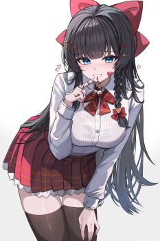 Rule 34 | 1girl, absurdres, artist name, black hair, black thighhighs, blue eyes, blunt bangs, bow, bowtie, braid, breasts, chocolate, commentary, diagonal-striped bow, diagonal-striped bowtie, diagonal-striped clothes, finger to mouth, hair bow, hair intakes, hair ornament, hand on own thigh, heart, heart hair ornament, highres, kkato, large bow, large breasts, leaning forward, long hair, long sleeves, looking at viewer, miniskirt, mouth hold, parted lips, plaid clothes, plaid skirt, red bow, red bowtie, red skirt, ribbed shirt, shirayuki hina, shirt, sidelocks, simple background, skirt, smile, solo, standing, stellive, striped bow, striped bowtie, striped clothes, symbol-only commentary, thighhighs, thighs, very long hair, virtual youtuber, white background, white shirt