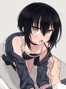 Rule 34 | 1boy, 1girl, all fours, black camisole, black choker, black hair, black jacket, black socks, blush, breasts, brown eyes, camisole, choker, collarbone, commentary request, downblouse, food, hair between eyes, holding, holding food, holding pocky, jacket, kneeling, long sleeves, looking at viewer, nipples, no shoes, null (nyanpyoun), open mouth, original, pocky, pov, pov hands, revision, short hair, sleeves past wrists, small breasts, socks, solo focus