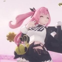 1girl 3d animated audible_music belt bouncing_breasts breasts briefcase female_focus game green_eyes large_breasts laughing long_hair midriff mole mole_on_thigh mole_under_eye music navel nicole_demara pink_hair short_shorts shorts solo sound tagme twintails video zenless_zone_zero