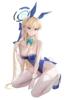 Rule 34 | 1girl, absurdres, animal ears, aqua bow, aqua bowtie, bare shoulders, blonde hair, blue archive, blue eyes, blue halo, blue leotard, bow, bowtie, breasts, commentary request, fake animal ears, fake tail, halo, high heels, highres, large breasts, leotard, looking at viewer, official alternate costume, playboy bunny, rabbit ears, rabbit tail, seiza, simple background, sitting, solo, tail, tanna, thighhighs, thighs, toki (blue archive), toki (bunny) (blue archive), white background, white thighhighs, wrist cuffs