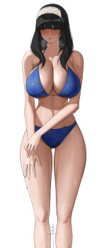 1girl armpit_crease averting_eyes bare_arms bare_legs bikini black_hair blue_bikini blue_eyes blush breasts collarbone feet_out_of_frame gluteal_fold groin hairband highres huge_breasts idolmaster idolmaster_cinderella_girls linea_alba long_hair navel sagisawa_fumika senju_(snz0) simple_background solo stomach sweat swimsuit white_background white_hairband