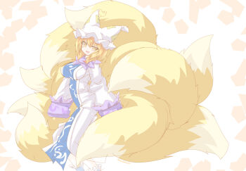 1girl absurdres blonde_hair blue_tabard breasts dress fang feet_out_of_frame fox_girl fox_tail hair_between_eyes hat highres kazami_karasu large_breasts large_tail looking_at_viewer medium_hair mob_cap multiple_tails open_mouth sketch skin_fang sleeves_past_fingers sleeves_past_wrists smile solo tabard tail tight_clothes touhou white_dress yakumo_ran yellow_eyes