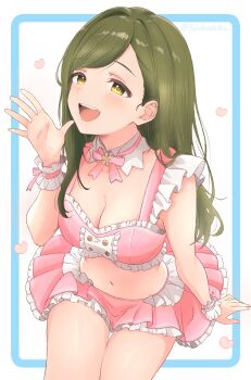 1girl absurdres alternate_costume blush breasts center_frills cleavage commentary_request crop_top detached_sleeves frilled_wristband frills green_eyes green_hair heart highres idolmaster idolmaster_shiny_colors koukashita looking_at_viewer medium_breasts miniskirt nanakusa_hazuki navel partial_commentary pink_skirt simple_background skirt smile solo stomach swept_bangs thighs