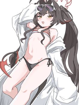 1girl :3 bikini black_hair blue_archive coat commentary_request curved_horns demon_horns demon_tail eyewear_on_head feet_out_of_frame halo highres horns kasumi_(blue_archive) kasumi_(swimsuit)_(blue_archive) lab_coat long_hair mismatched_bikini red_halo side-tie_bikini_bottom sleeves_past_fingers sleeves_past_wrists solo striped_bikini striped_clothes sunglasses swimsuit tachikaze_miyako tail twintails white-framed_eyewear white_coat yellow_eyes