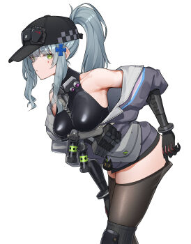 1girl absurdres aqua_hair bare_shoulders baseball_cap black_bodysuit black_thighhighs bodysuit breasts commentary_request flashbang from_side girls&#039;_frontline girls&#039;_frontline_2:_exilium hat highres hk416_(girls&#039;_frontline) klukai_(girls&#039;_frontline_2) leaning_forward looking_at_viewer magazine_(weapon) off_shoulder partially_unzipped ponytail ringobatake sleeveless sleeveless_bodysuit solo tattoo teardrop teardrop_facial_mark teardrop_tattoo thighhighs thighhighs_pull turtleneck turtleneck_bodysuit white_background