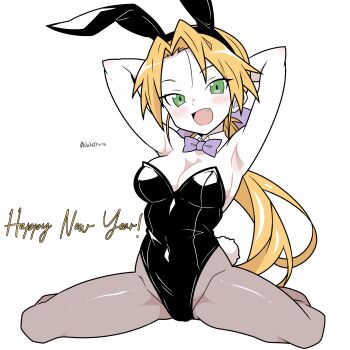1girl absurdres animal_ears armpits arms_behind_back arms_up blonde_hair blush commentary english_commentary fake_animal_ears fang green_eyes happy_new_year highres kuroi_nanako leotard long_hair looking_at_viewer lucky_star nalathorm new_year open_mouth playboy_bunny ponytail rabbit_ears simple_background smile solo strapless strapless_leotard twitter_username white_background