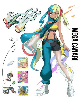 1girl alternate_costume alternate_hair_length alternate_hairstyle aqua_hair artist_name asymmetrical_legwear asymmetrical_sleeves baggy_pants black_mask blonde_hair breasts canari_(pokemon) center-flap_bangs cleavage commentary criss-cross_straps dark-skinned_female dark_skin eelektrik eelektross english_commentary gen_5_pokemon highres long_hair mask mask_pull mega_eelektross mega_pokemon mega_stone midriff mouth_mask multicolored_hair navel nintendo pants pokemon pokemon_legends:_z-a rhymewithray see-through_clothes see-through_pants see-through_sleeves shoes single_sleeve single_sleeve_past_fingers split-color_hair sports_bra stomach suspenders twintails two-tone_mask two-tone_pants tynamo very_long_hair white_shoes yellow_mask yellow_sports_bra