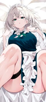 1girl absurdres apron blush braid breasts frilled_apron frilled_sleeves frills green_eyes highres hira-san izayoi_sakuya knees_up large_breasts long_sleeves looking_at_viewer maid maid_headdress shirt solo spread_legs thigh_strap touhou twin_braids white_apron white_hair white_shirt wide_sleeves