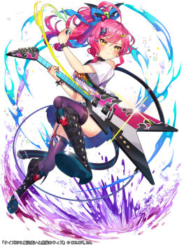 1girl bat_hair_ornament belt_boots belt_collar boots cable closed_mouth collar copyright_name cropped_shirt dygy electric_guitar full_body guitar hair_ornament holding holding_guitar holding_instrument holding_plectrum instrument knee_boots kt._(kaisou-notagui) liquid mahou_tsukai_to_kuroneko_no_wiz midriff official_art pink_hair plectrum ponytail simple_background skull_hair_ornament solo standing standing_on_one_leg tachi-e thighhighs white_background wristband yellow_eyes