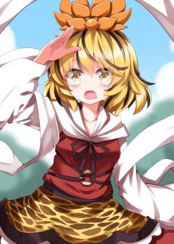 1girl animal_print arm_up black_hair black_ribbon blonde_hair blurry blurry_background blush collarbone commentary_request cowboy_shot hat highres long_sleeves multicolored_hair neck_ribbon open_mouth orange_hat print_skirt red_shirt ribbon ruu_(tksymkw) shawl shirt short_hair skirt solo streaked_hair tears tiger_print toramaru_shou touhou two-tone_hair white_shawl wide_sleeves yellow_eyes yellow_skirt