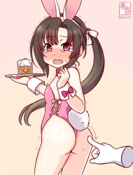 1girl 1other animal_ear_hairband animal_ears artist_logo ass black_hair blush bow bowtie cowboy_shot cross-laced_clothes cup dated detached_collar drinking_glass fake_animal_ears hairband ice ice_cube kanon_(kurogane_knights) kantai_collection leotard logo loli looking_at_viewer looking_back nankai_(kancolle) nose_blush one-hour_drawing_challenge pink_background pink_leotard playboy_bunny rabbit_ears rabbit_tail red_bow red_bowtie red_eyes side_ponytail split_mouth strapless strapless_leotard tail tears thong thong_leotard tray trembling wrist_cuffs
