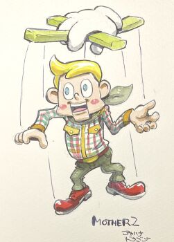 1boy akahanadragon belt blonde_hair blush_stickers denim disembodied_hand gloves highres jeans mother_(series) mother_2 neckerchief nintendo pants puppet puppet_strings shoes smile smilin&#039;_sam solo