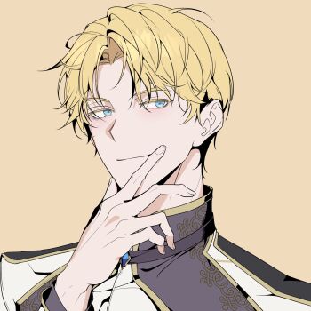 030lala 1boy alberu_crossman blonde_hair blue_eyes brown_background closed_mouth hand_on_own_face hand_up highres jacket long_sleeves looking_at_viewer lout_of_count&#039;s_family male_focus multicolored_jacket parted_bangs portrait prince short_hair simple_background smile solo upper_body white_jacket yellow_background