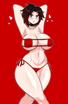 1girl absurdres armpits arms_behind_head arms_up bare_shoulders bikini black_hair breasts cleavage curvy eyepatch_bikini female_pubic_hair grey_eyes highres kinathefox large_breasts multicolored_hair navel open_mouth pubic_hair red_background red_bikini red_hair ruby_rose rwby shiny_skin short_hair side-tie_bikini_bottom simple_background stomach strapless strapless_bikini swimsuit thick_thighs thigh_strap thighs wide_hips