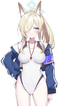 1girl absurdres animal_ear_fluff animal_ears aqua_halo arm_at_side armband bare_shoulders between_breasts blonde_hair blue_archive blue_armband blue_jacket blush breasts breasts_apart clenched_teeth collarbone competition_swimsuit cowboy_shot dog_ears emblem extra_ears groin halo hand_on_own_hip high_ponytail highleg highleg_one-piece_swimsuit highres hip_bones impossible_clothes impossible_swimsuit jacket kanna_(blue_archive) kanna_(swimsuit)_(blue_archive) long_hair long_sleeves looking_at_viewer medium_breasts murase48 off_shoulder one-piece_swimsuit open_clothes open_jacket ponytail scowl sharp_teeth simple_background single_vertical_stripe sleeves_past_wrists solo standing straight-on swimsuit teeth thighs track_jacket two-sided_fabric two-sided_jacket v-shaped_eyebrows whistle whistle_around_neck white_background white_one-piece_swimsuit