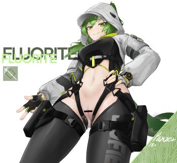 1girl absurdres arknights arknights:_endfield commentary_request fluorite_(arknights) gloves highres panzi_panzer short_hair smile solo white_background