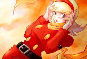 1girl belt black_belt blonde_hair blush breasts coat cyborg cyborg_009 francoise_arnoul green_eyes hair_over_face hairband hands_on_own_head hikarisasukani long_eyelashes looking_at_viewer medium_breasts open_mouth red_coat red_hairband scarf soldier wide_hips yellow_scarf