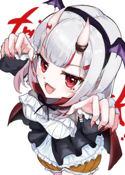 1girl :3 :d alternate_costume black_ribbon breasts claw_pose commentary dot_nose dress fangs fingernails frilled_dress frills from_above hair_between_horns hair_ornament hairclip halloween halloween_costume headband heart highres hololive horn_ornament horns long_fingernails long_sleeves multicolored_hair nail_polish nakiri_ayame open_mouth red_eyes red_hair red_nails ribbon simple_background skin-covered_horns smile soramaru virtual_youtuber white_hair wings