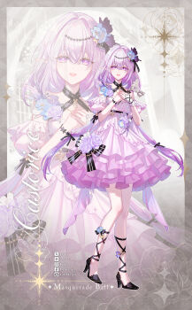 1girl absurdres alternate_costume bare_shoulders black_shoes castorice_(honkai:_star_rail) character_name commentary dress english_commentary english_text full_body fylus hair_between_eyes hands_on_own_chest high_heels highres honkai:_star_rail honkai_(series) looking_at_viewer mask masquerade_mask open_mouth pointy_ears purple_dress purple_eyes shoes sidelocks smile solo zoom_layer