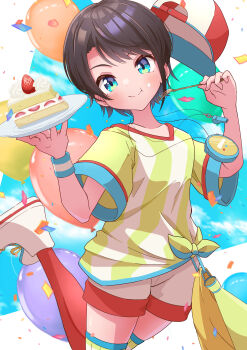 1girl absurdres blue_eyes blush brown_hair cake closed_mouth food fork hat highres holding holding_fork holding_plate hololive looking_at_viewer oozora_subaru oozora_subaru_(1st_costume) plate red_hat refisa shirt shoes short_hair shorts smile solo stopwatch stopwatch_around_neck strawberry_shortcake striped_clothes striped_shirt unworn_hat unworn_headwear virtual_youtuber watch whistle whistle_around_neck white_shoes white_shorts yellow_shirt