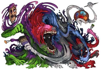 1boy body_horror commentary english_commentary extra_arms faceless facetaker_fred_(look_outside) fighting_stance godslush holding holding_paint_palette holding_paintbrush look_outside male_focus monster no_humans open_mouth paint paint_palette paintbrush teeth