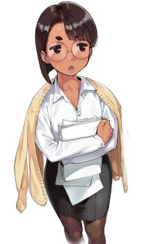 1girl asymmetrical_bangs black_pantyhose black_skirt blush brown_cardigan brown_eyes brown_hair cardigan cardigan_on_shoulders collarbone commentary commission conto dark-skinned_female dark_skin earrings english_commentary feet_out_of_frame glasses highres holding holding_paper jewelry knees long_sleeves lower_teeth_only office_lady open_collar open_mouth original pantyhose paper paper_stack pencil_skirt pixiv_commission round_eyewear shirt short_eyebrows short_hair simple_background skirt solo teeth white_background white_shirt