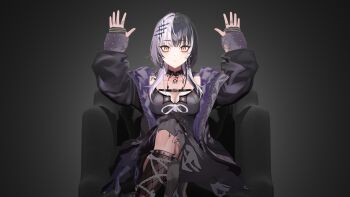 1girl 3d absolute_cinema_(meme) absurdres black_coat black_dress black_hair breasts chair cleavage coat dress edoman1106 gradient_background grey_hair hands_up highres hololive hololive_english jewelry kneehighs large_breasts long_hair meme multicolored_hair ribbon ring shiori_novella shiori_novella_(1st_costume) sitting socks solo split-color_hair two-tone_hair virtual_youtuber white_ribbon yellow_eyes