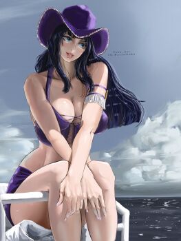 1girl 2024 absurdres armlet bare_shoulders black_hair blue_eyes blunt_bangs breasts cleavage cloud cloudy_sky commentary cowboy_hat cross-laced_clothes cross-laced_top eyelashes hat highres instagram_username jewelry long_hair looking_to_the_side midriff nico_robin nico_robin_(whisky_peak) ocean one_piece outdoors pink_lips purple_hat purple_shirt purple_skirt shirt sitting skirt sky smile solo stupidtako water white_nails