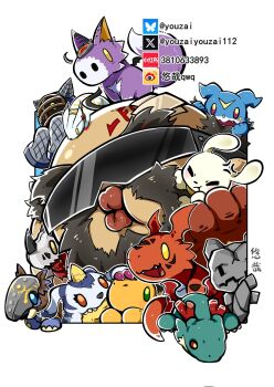 1boy agumon bakumon bald commentary digimon digimon_(creature) dog dorumon dracomon dragon english_commentary forehead_jewel gabumon gottsumon group_picture guilmon hackmon_(digimon) highres kotemon kudamon lizard male_focus nanimon plotmon rock simple_background sunglasses tapir v-mon white_background youzaiyouzai112