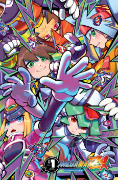 Rule 34 | 5girls, aile (mega man zx), armor, ashe (mega man), atlas (mega man), blonde hair, blue eyes, blue hair, blush, brown hair, cover, cover page, forehead jewel, girouette (mega man), green eyes, green hair, group picture, hat, helmet, highres, jacket, keenbiscuit, long hair, mega man (series), mega man zx, mega man zx advent, model f (mega man), model p (mega man), model x (mega man), model z (mega man), multicolored hair, multiple girls, official art, orange hair, orange jacket, pandora (mega man), pink hat, prairie (mega man), prometheus (mega man), red eyes, salute, second-party source, shako cap, short hair, two-finger salute, two-tone hair, udon entertainment, vent (mega man), white armor, white helmet