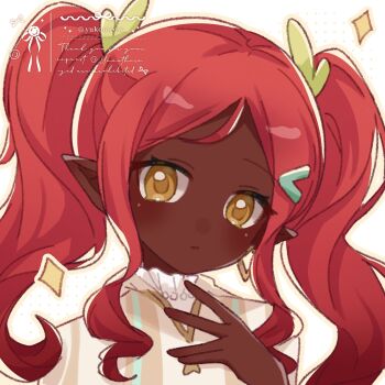 1girl artist_name brown_shirt closed_mouth commentary commission dark-skinned_female dark_skin hair_ornament hand_up highres long_hair looking_at_viewer original outline parted_bangs pointy_ears portrait red_hair shirt sidelocks simple_background solo striped_clothes striped_shirt symbol-only_commentary twintails vertical-striped_clothes vertical-striped_shirt vgen_commission watermark white_background yellow_eyes yellow_outline yukomeow