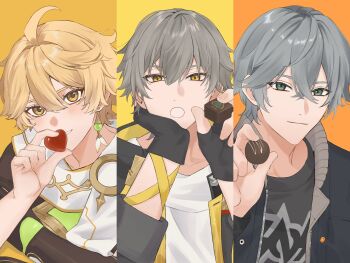 Rule 34 | 3boys, aether (genshin impact), ahoge, arm armor, arm ribbon, black coat, black gloves, black jacket, black shirt, blonde hair, braid, brown gloves, brown shirt, buttons, caelus (honkai: star rail), candy, chocolate, chocolate heart, closed mouth, clothes writing, coat, collarbone, commentary request, company connection, crossed bangs, crossover, dashi oeuf, earrings, fingerless gloves, fingernails, food, genshin impact, gloves, gold earrings, green eyes, grey hair, hair between eyes, hand on own face, hand up, hands up, heart, heart-shaped food, highres, holding, holding chocolate, holding food, honkai: star rail, honkai (series), hood, hooded coat, jacket, jewelry, lapels, long hair, long sleeves, looking at viewer, male focus, mihoyo, multiple boys, open clothes, open coat, open jacket, open mouth, orange background, ribbon, scarf, shirt, short hair, short sleeves, simple background, single braid, single earring, single glove, smile, t-shirt, teeth, trailblazer (honkai: star rail), two-sided coat, two-sided fabric, upper body, valentine, white scarf, white shirt, wise (zenless zone zero), yellow background, yellow coat, yellow eyes, zenless zone zero