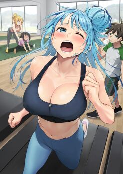 1boy 3girls ;o aqua_(konosuba) assisted_stretching blonde_hair blue_bra blue_eyes blue_hair blue_pants bottle bouncing_breasts bra breasts brown_hair cleavage contemporary darkness_(konosuba) exercising gym hair_bun highres izawa_(bhive003) kono_subarashii_sekai_ni_shukufuku_wo! large_breasts long_hair megumin multiple_girls one_eye_closed pants ponytail raised_eyebrows running satou_kazuma sports_bra stretching sweat teeth treadmill underwear very_long_hair water_bottle window yoga_pants zipper_pull_tab