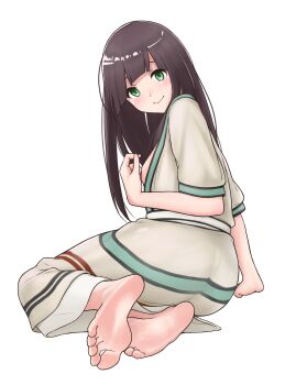 1girl absurdres andreypavlow ass black_hair blunt_bangs breasts breasts_out commission commissioner_upload covered_erect_nipples feet flying_witch from_behind highres hime_cut kowata_makoto long_hair looking_at_viewer minoan_clothes simple_background straight_hair white_background