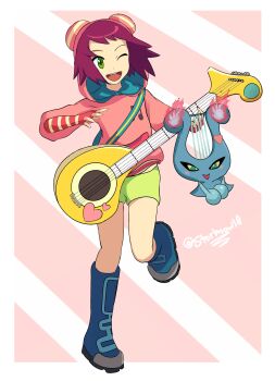2girls ;d absurdres blue_boots boots commentary english_commentary fingerless_gloves full_body gloves green_eyes green_shorts guitar highres holding holding_guitar holding_instrument hood hood_up hoodie instrument leg_up lyra_(mega_man) mega_man_(series) mega_man_star_force_(series) multiple_girls one_eye_closed open_mouth pink_gloves pink_hoodie red_hair short_hair shorts simple_background smile sonia_strumm_(mega_man) standing standing_on_one_leg stormowl0 teeth twitter_username upper_teeth_only