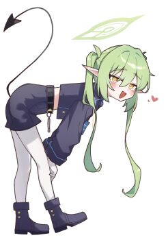 1girl absurdres bent_over black_boots black_jacket black_shorts black_tail blue_archive boots from_side full_body gloves green_hair green_halo hair_between_eyes halo heart highres jacket long_hair long_sleeves looking_at_viewer looking_to_the_side nozomi_(blue_archive) open_mouth pantyhose pointy_ears shorts simple_background smile solo standing tail twintails white_background white_gloves white_pantyhose yellow_eyes yungun_(dbsrjsdn0330)