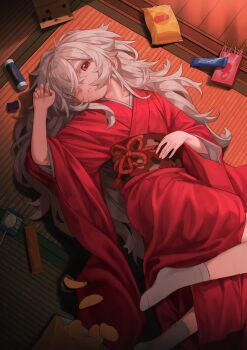 bandage_over_one_eye bandages candy chips_(food) collarbone colored_eyelashes commentary_request floor food golden_hour haine_(summertime_render) hair_over_one_eye hand_on_own_stomach highres japanese_clothes kimono lollipop long_hair lying messy_hair naruto_maki_(naruto05) obi obijime one_eye_covered open_mouth pocky potato_chips red_eyes red_kimono sash socks summertime_render tatami very_long_hair white_eyelashes white_hair white_socks wooden_floor