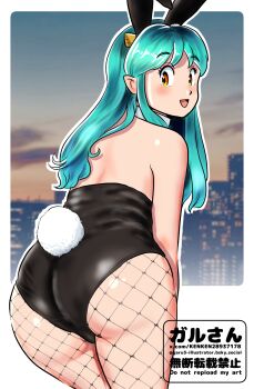 1girl animal_ears ass black_leotard blush fake_animal_ears fishnet_pantyhose fishnets from_behind green_hair highres horns kenken28937178 leotard looking_at_viewer looking_back lum oni open_mouth pantyhose playboy_bunny rabbit_ears rabbit_tail smile solo tail urusei_yatsura yellow_eyes
