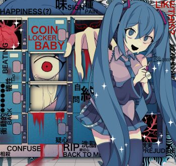 1girl @_@ abstract_background alternate_eye_color artist_name black_skirt black_sleeves blood blue_eyes blue_nails blue_necktie blue_theme blue_trim coin_locker_baby_(vocaloid) constricted_pupils copyright_name cowboy_shot crying detached_sleeves english_text frilled_shirt frills grey_shirt hatsune_miku heart_(organ) highres holding holding_key in_locker key locker lower_teeth_only multiple_views necktie open_mouth pleated_skirt red_eyes rest_in_peace_(phrase) scared senn10000 shirt skirt sleeveless sleeveless_shirt song_name sparkle square_hair_ornament standing teeth tile_floor tiles translation_request twintails undone_necktie veins vocaloid wavy_background wing_print
