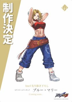 Rule 34 | 1girl, baggy pants, bare shoulders, belt, belt skirt, blonde hair, blue eyes, blue mary, bob cut, breasts, commentary request, crop top, fatal fury, fingerless gloves, gloves, halterneck, highres, hungry clicker, large breasts, loose belt, midriff, multiple belts, navel, pants, parted hair, second-party source, shirt, short hair, simple background, sleeveless, sleeveless turtleneck, snk, solo, the king of fighters, tight top, toned, turtleneck