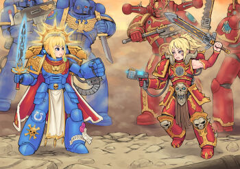 Rule 34 | 2girls, :o, adeptus astartes, ahoge, armor, artoria pendragon (fate), blonde hair, blue eyes, braid, braided bun, chainsword, chaos space marine, commentary, crown braid, english commentary, fate/stay night, fate (series), gender request, genderswap, gun, hair bun, kensaint, knife, mordred (fate), mordred (fate/apocrypha), multiple girls, pelvic curtain, power armor, primarch, roboute guilliman, saber (fate), space marine, sword, ultramarines, v-shaped eyebrows, warhammer 40k, weapon