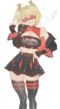 1girl absurdres alternate_costume arcueid_brunestud black-framed_eyewear black_jacket black_nails blush breasts burnice_white burnice_white_(cosplay) chibi chibi_inset cleavage cosplay crop_top cropped_jacket glasses hair_between_eyes hand_on_own_hip hand_up highres jacket leodot long_sleeves looking_at_viewer medium_breasts navel red_eyes red_hair skindentation smile solo stomach thighhighs tinted_eyewear tohno_shiki tsukihime tsukihime_(remake) twintails white_background zenless_zone_zero