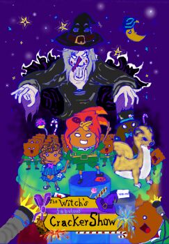 animal_hat black_cloak candy cloak colorful cookie copyright_logo cracker_(the_witchs_fabulous_cracker_show) crescent donut evil_grin evil_smile food green_jacket grey_hair grin hat helferkeks_(the_witchs_fabulous_cracker_show) highres jacket knusperhaus logo lollipop long_nose night night_sky non-web_source official_art praline_(the_witchs_fabulous_cracker_show) red_hat self-upload simple_background sky smile star_(symbol) the_witch_(the_witchs_fabulous_cracker_show) the_witchs_fabulous_cracker_show totes_getier_(the_witchs_fabulous_cracker_show) witch witch_hat