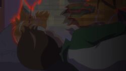 animated armor brown_hair closed_eyes digimon digimon_ghost_game fukatsu_riko full_moon furry furry_female highres looking_at_another meicrackmon_vicious_mode moon sharp_teeth sleeping sound teeth thick_thighs thighs video