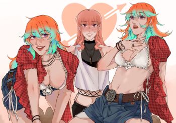belt bikini blue_shorts blush bra breasts brown_belt checkered_clothes checkered_shirt cosplay couple crop_top denim denim_shorts earrings feather_earrings feathers fishnet_top fishnets gingham gingham_shirt halter_shirt halterneck hand_on_own_chest highres hololive hololive_english jewelry kuur0kane kwon_eun-bi kwon_eun-bi_(cosplay) large_breasts long_hair mori_calliope mori_calliope_(streetwear) multicolored_hair multiple_girls navel official_alternate_costume open_clothes open_mouth open_shirt pants pink_eyes pink_hair plaid_clothes plaid_shirt real_life red_eyes red_shirt shirt shorts smile sweatpants swimsuit takanashi_kiara underwear virtual_youtuber white_bikini white_bra yuri