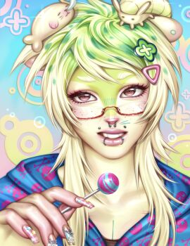 1girl animal_hair_ornament animal_nose aqua_nails babybeetlekat bad_tag blonde_hair blue_background blue_hoodie brown_eyes candy chanel chest_markings clover_hair_ornament collarbone colored_skin colorful commentary commission english_commentary eyelashes face_piercing facial_mark fingernails floppy_ears food freckles frutiger_metro furry furry_female gem-studded_nails glint gold_nails gradient_background green_hair green_skin hair_ornament hair_over_shoulder hashtag-only_commentary highres holding holding_candy holding_food holding_lollipop hood hoodie lip_piercing lip_ring lipgloss lollipop long_fingernails long_hair mouth_piercing multicolored_hair multicolored_nails multicolored_skin nail_ornament nail_polish open_mouth original piercing pink_background pink_hoodie pink_lips pink_nails polka_dot portrait print_eyewear print_hoodie raised_eyebrow red-framed_eyewear ring_piercing scene_fashion semi-rimless_eyewear short_eyebrows sidelocks sideways_glance silver_piercing skull_print solo spiked_hair spotted_hair stuffed_seal swept_bangs teeth thick_eyebrows triangle_hair_ornament two-tone_hair two-tone_hoodie two-tone_skin under-rim_eyewear vector_circles white_skin wolf_cut