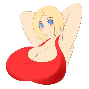 1girl armpits arms_behind_head blonde_hair blue_mary blush breasts cleavage fatal_fury highres jcdr large_breasts looking_at_viewer short_hair smile snk solo source_request tank_top the_king_of_fighters