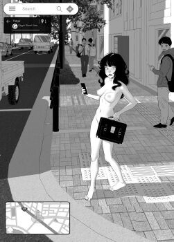 1girl 5boys absurdres bag black_hair breasts car censored censored_nipples city clothed_male_nude_female commentary completely_nude embarrassed english_commentary exhibitionism feet google_street_view greyscale highres holding holding_bag holding_phone hood hoodie kusujinn long_hair looking_at_viewer map medium_breasts monochrome motor_vehicle multiple_boys naked_school_attendance navel nipples nude open_mouth original outdoors paid_reward_available pants phone public_indecency public_nudity road school_bag sentenced_to_nudity smile street tree user_interface walking